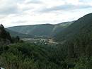 Les grandes pentes raides et boises de la valle du Lot  l'amont de Balsiges. Vue depuis le causse de Changefge