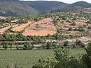 Forme remarquable du parcellaire en toile, souligne par le bocage ; vue depuis Chanac