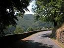 Une belle mise en valeur du paysage par le traitement du bord de la route : muret  chaperon arrondi, mur de schiste et arbres d'accompagnement. Sortie de Cassagnas